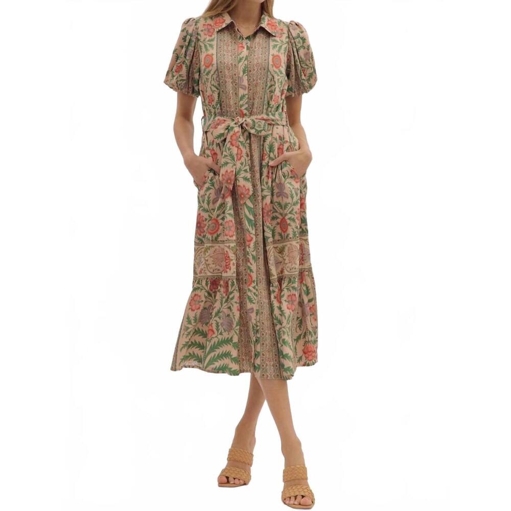 entro Floral Button-Front Midi Dress in Beige, Pink and Green